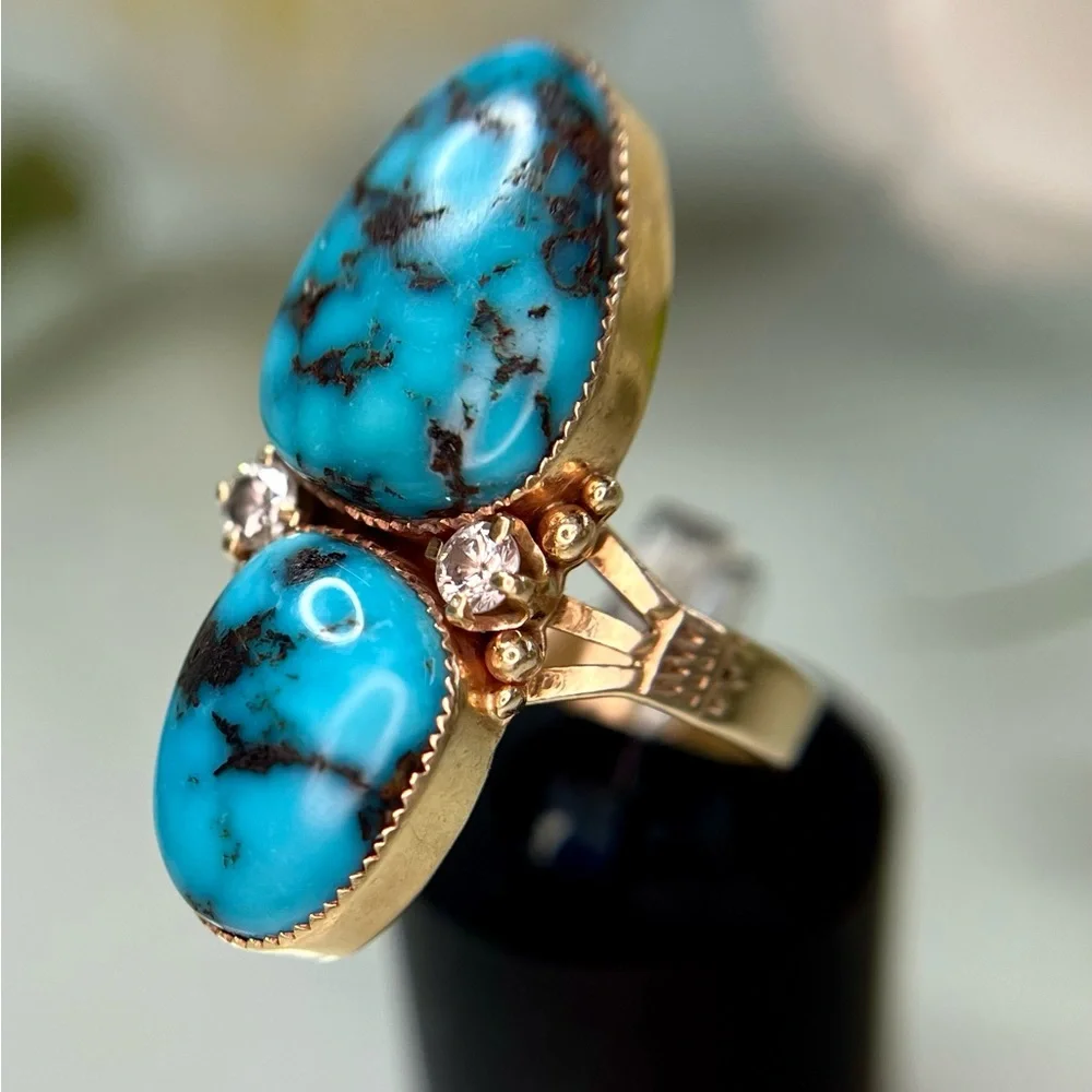 Vintage 14k Yellow Gold Turquoise Diamond Ring - Picture 6 of 15